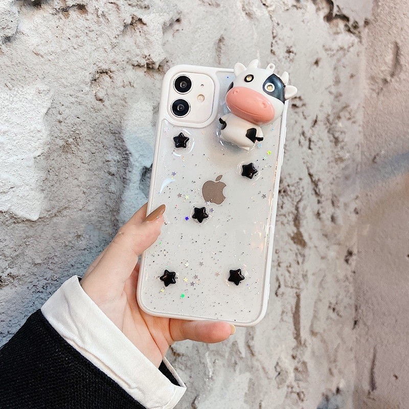 Ốp Điện Thoại Trong Suốt Họa Tiết Bò Sữa 3D Kim Tuyến Thời Trang Dành Cho Iphone 13 11 12 Pro MAX XS X MAX XR