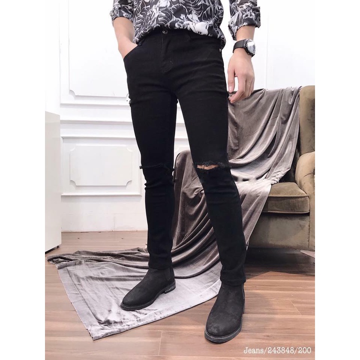 Quần Jean Nam Trơn Xanh Than Chất Cotton Co Giãn Dáng Ôm Ống Côn Vừa