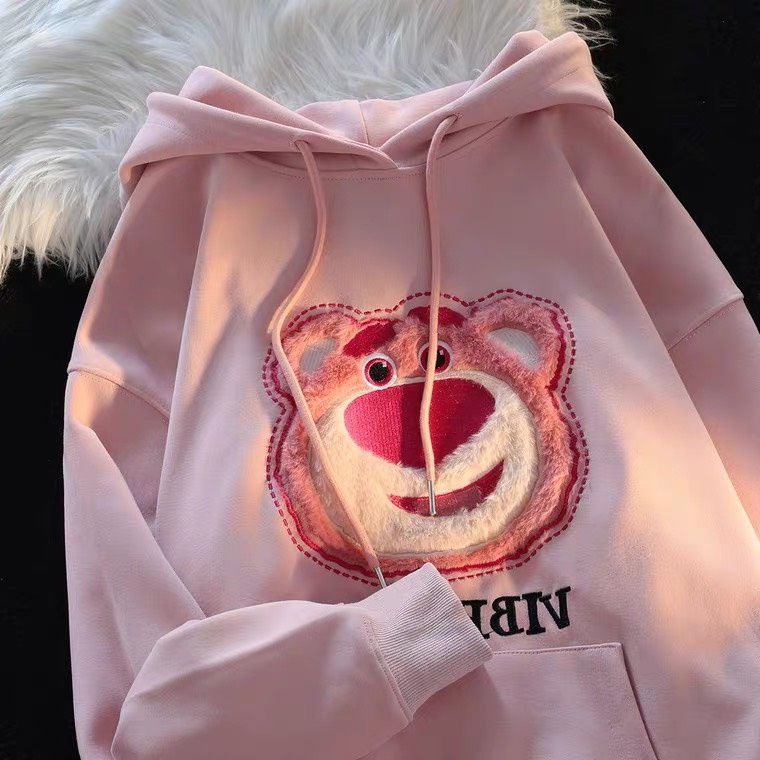 Áo Hoodie Nỉ Unisex Hình Gấu Hồng 🦋 Áo Nỉ Nam Nữ Dáng Thụng Dây Rút 2 Màu 🦋