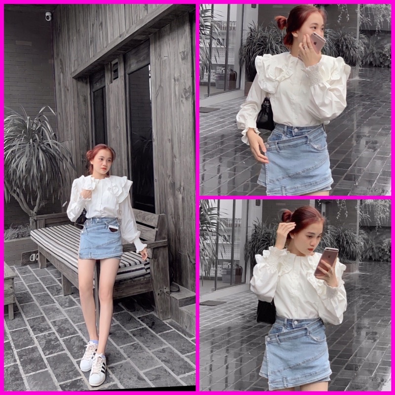 A1 Áo Sơmi Cổ Bèo Tay Phồng Tiểu Thư Tay Bo Chun Loại I
