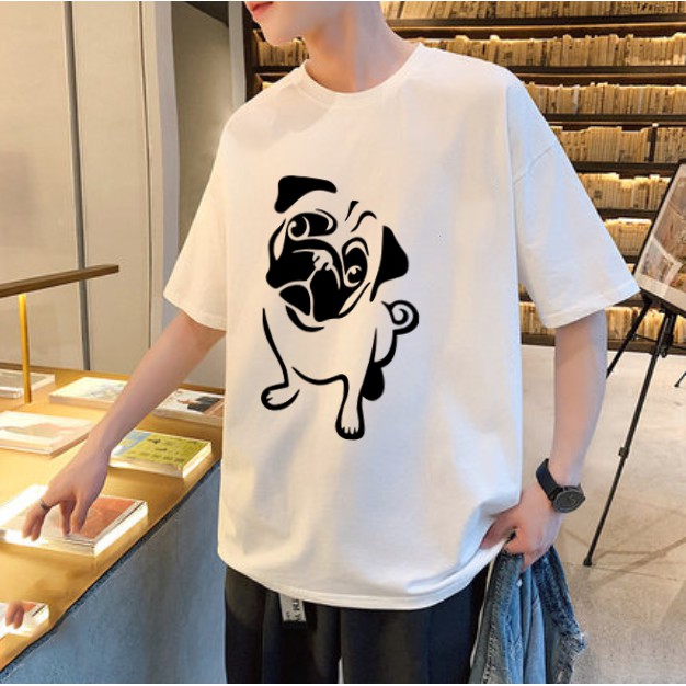 Áo thun tay lỡ nam nữ chó Pug đáng iêu form rộng, áo phông rộng unisex nam nữ dáng oversize màu trắng basic