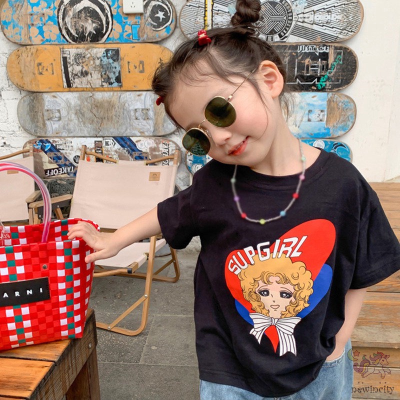 Áo Thun Cotton Tay Ngắn In Họa Tiết Hoạt Hình Phong Cách Hàn Quốc Cho Bé Gái