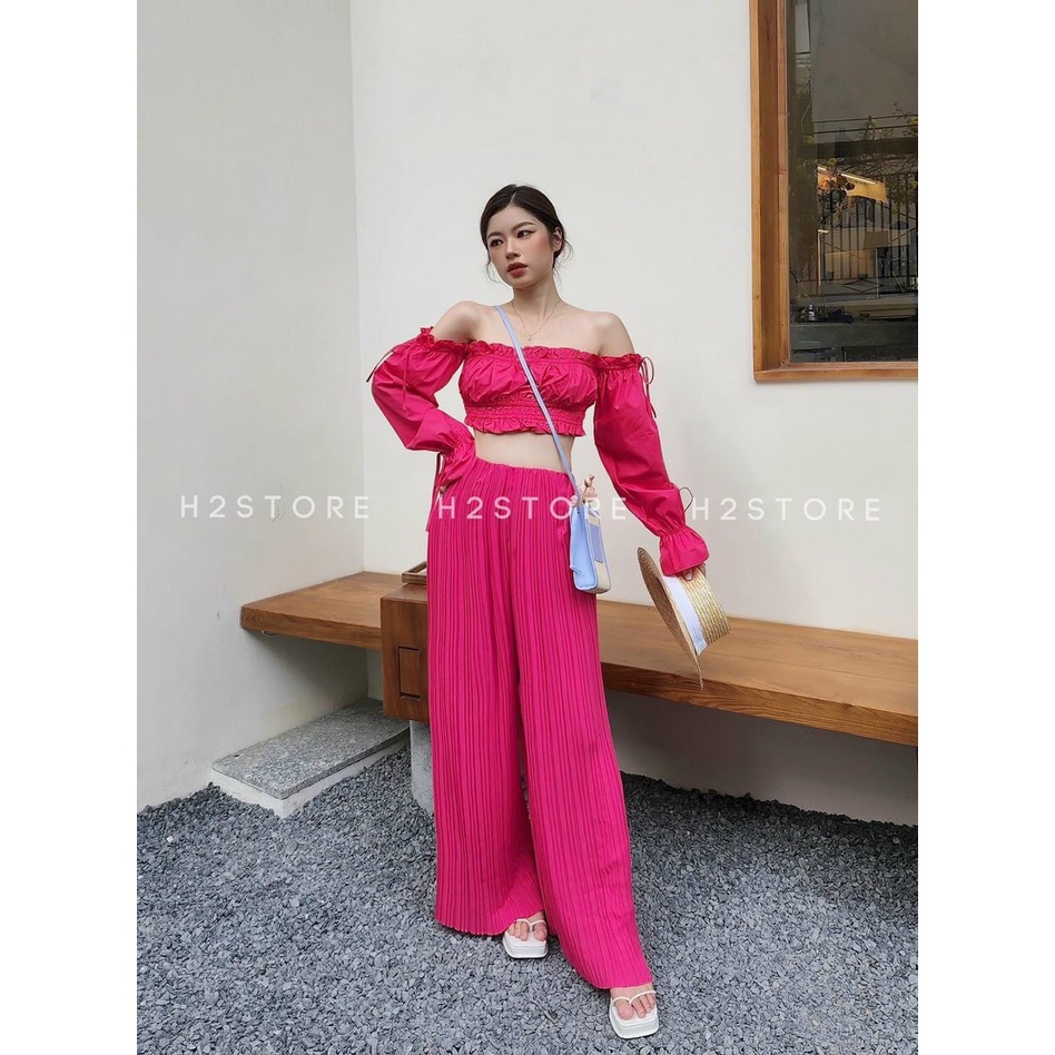 sét bộ ống rộng quần dập ly áo kiểu bệt vai