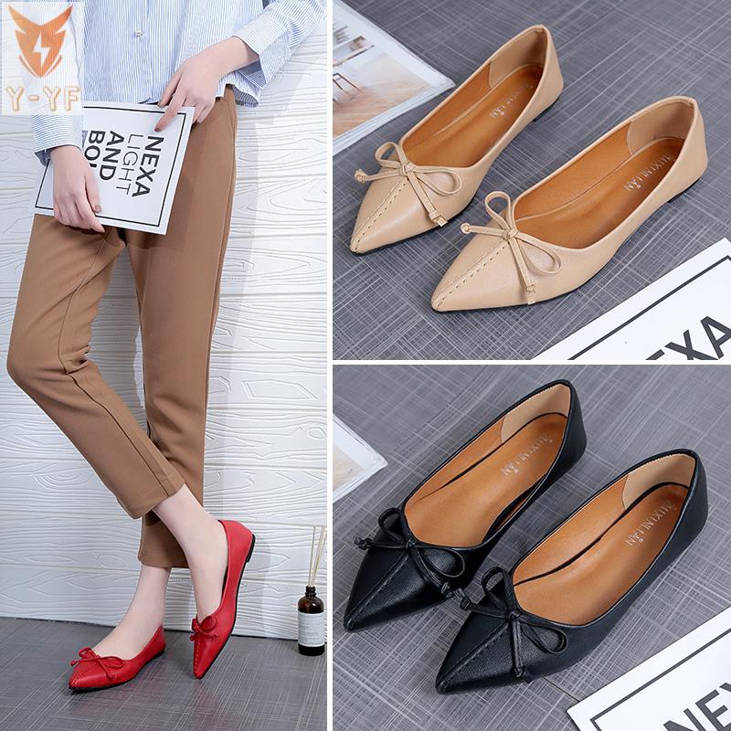 [High quality]2021 spring new sweet bow women's shoes shallow mouth flat shoes ladies black work shoes grandma shoes women