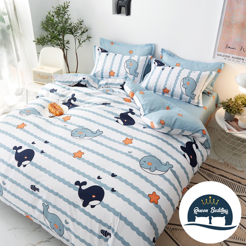 Bộ Chăn Ga Gối Cotton Poly Cá Heo Xanh Đáng Yêu - Set 4 Món Đủ Size