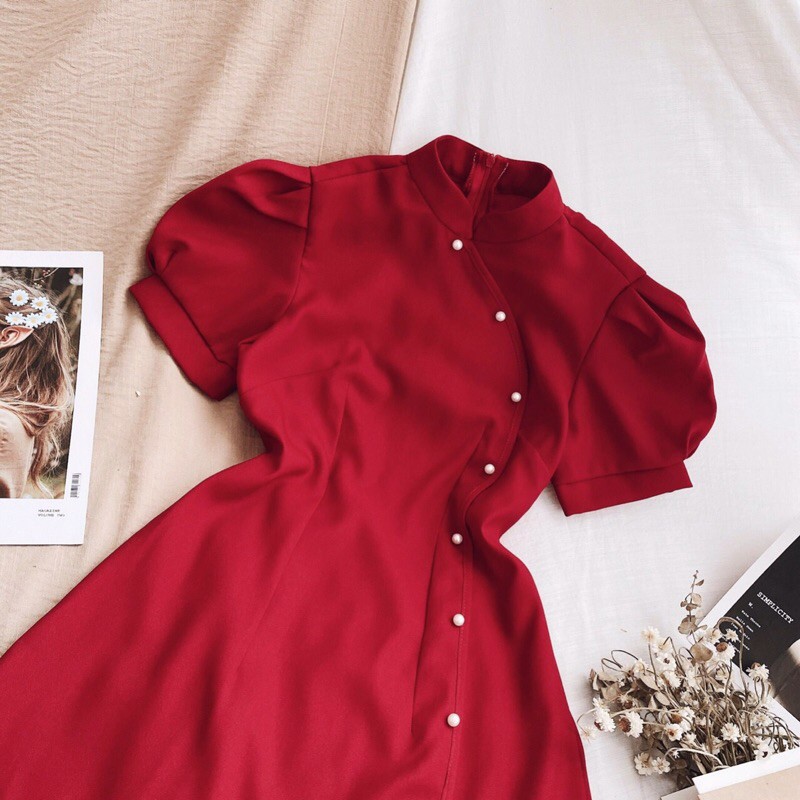 Đầm đỏ cổ tàu nút lệch | BigBuy360 - bigbuy360.vn