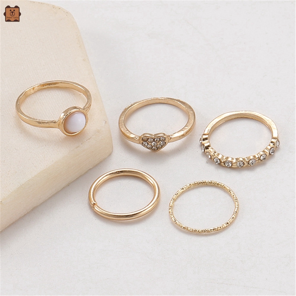 Cod In Stock New Korean 5Pcs Gold Rhinestone Pearl Heart Joint Finger Knuckle Ring Set for Women Girls Jewelry