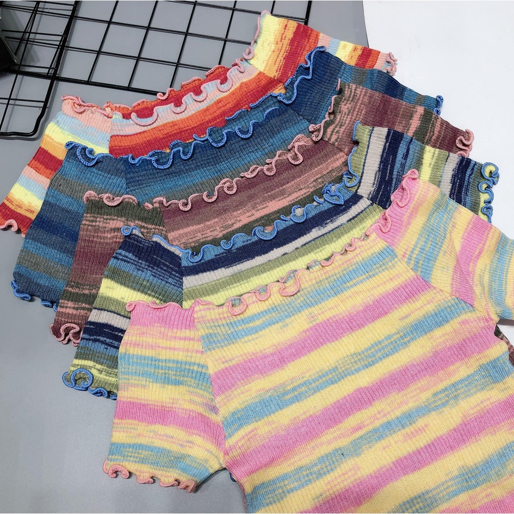 Áo len bệt vai loang sắc màu viền xoăn 45610