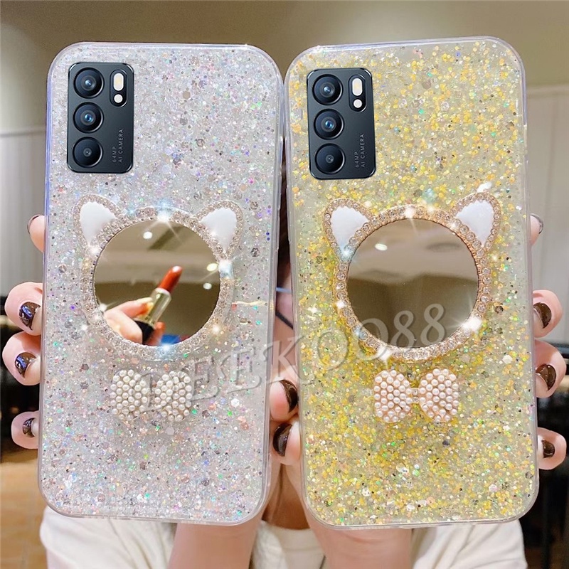 Ốp Điện Thoại Lấp Lánh Gắn Kèm Gương Trang Điểm Hình Tai Mèo Cho OPPO Reno6 Z 5G Reno 5 5F 6 Pro A16 A54 A74 A93 A15S A15 A53 Reno6Z