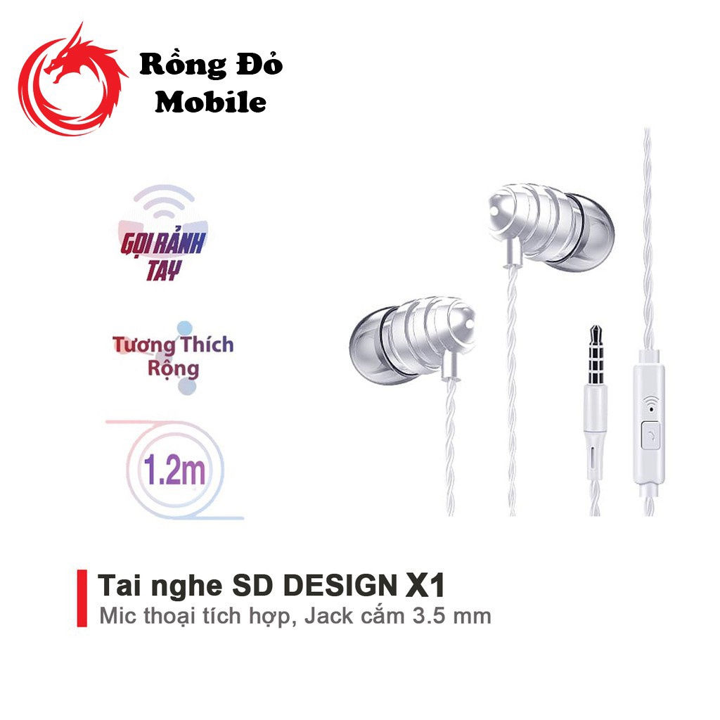 Tai nghe chính hãng SD DESIGN X1 cao cấp, jack cắm 3.5mm nghe hay, bass tốt, dây TPE chống đứt bảo hành 1 đổi 1
