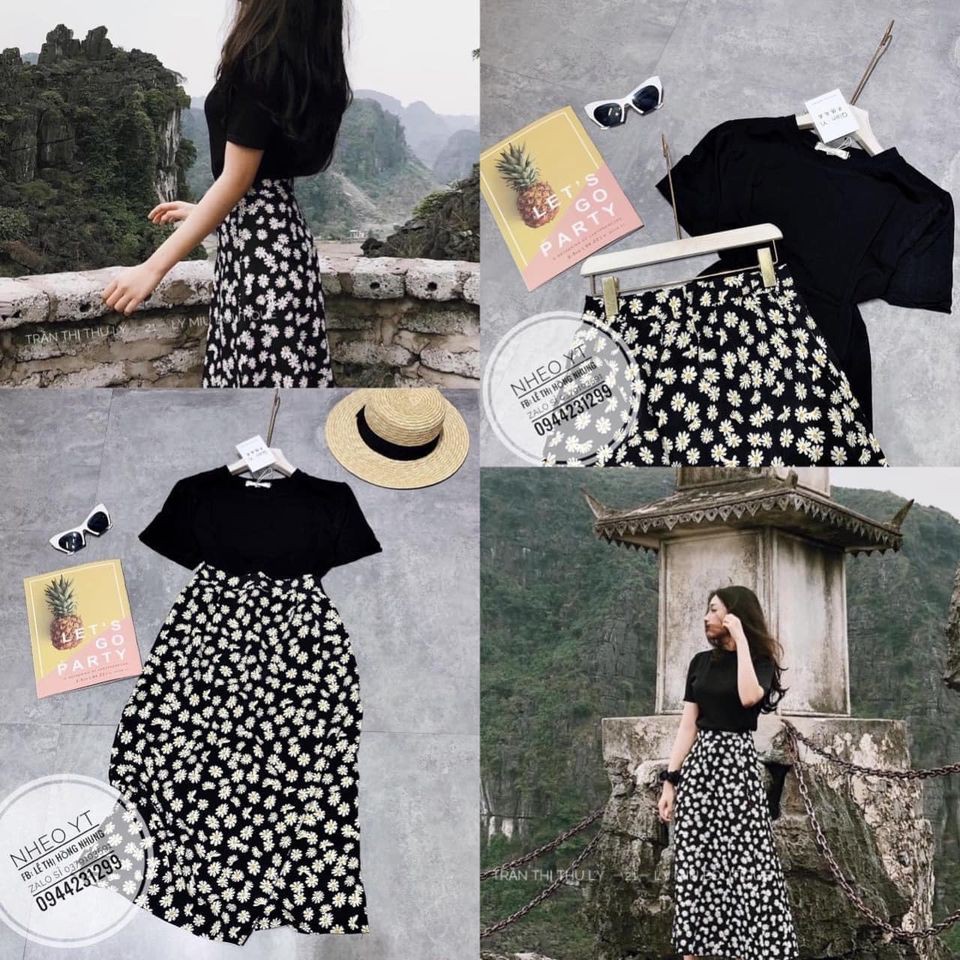 set đồ nữ ,set áo đen kết hợp chân váy hoa cúc dáng dài lưng cao thời trang hàn quốc ,KHOHANGCHUYENDOSI