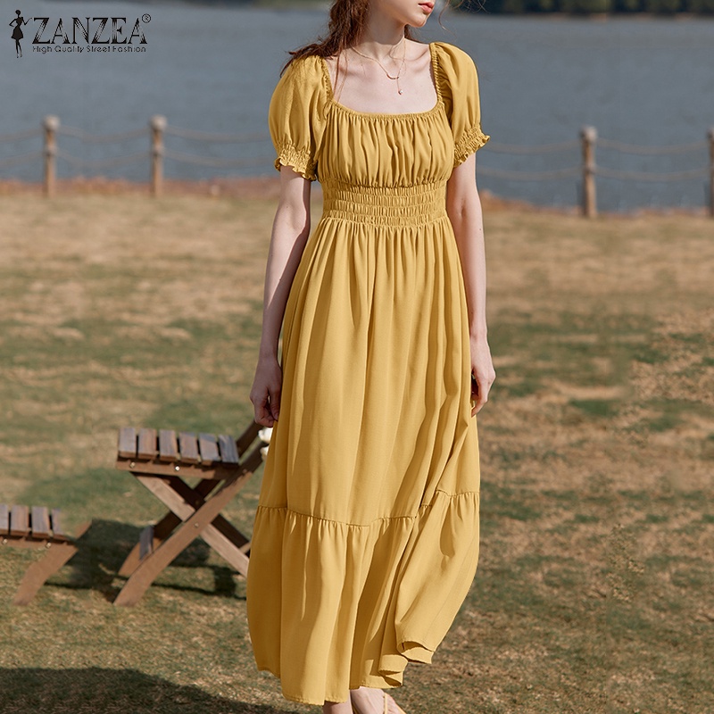 Đầm Zanzea cổ vuông tay phồng xếp nếp màu trơn thiết kế quý tộc cổ điển cho nữ