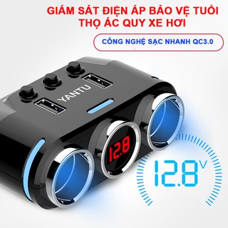 Tẩu chia sạc ô tô 4in1 Yantu, bộ chia 3 tẩu sạc và 2 cổng USB sạc nhanh QC 3.0A,bảo vệ điện áp ác quy xe hơi