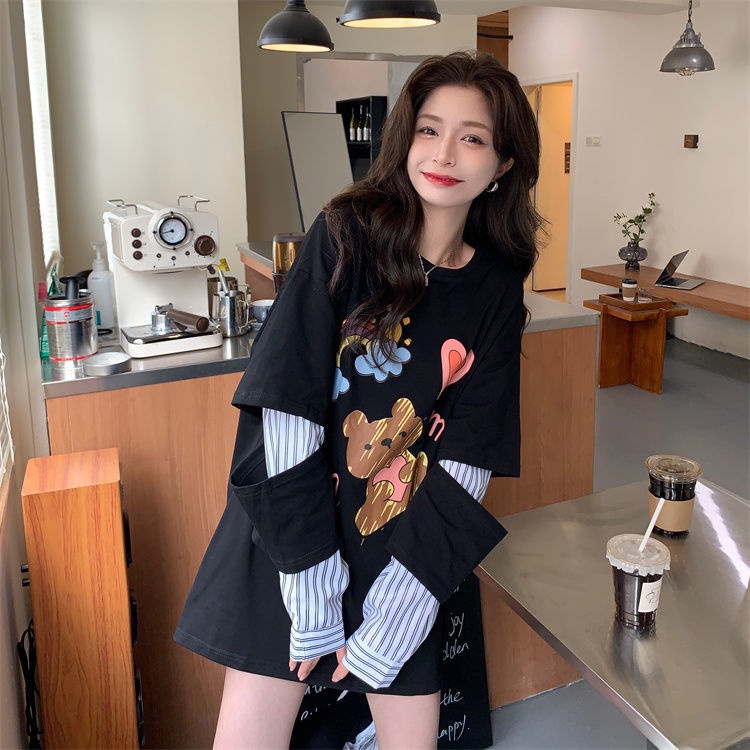 Áo thun tay dài giả hai lớp dáng rộng họa tiết kẻ sọc phong cách Hàn Quốc thời trang mới cho nữ
