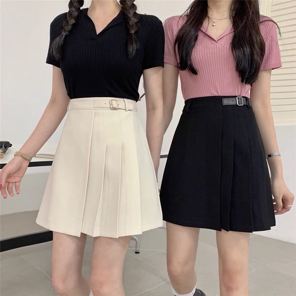 Chân Váy Xếp Ly Một Bên Chân Váy Tennis Phối Dây Thắt Lưng Khóa Cài Chất Tuyết Mưa Hàn Quốc | BigBuy360 - bigbuy360.vn