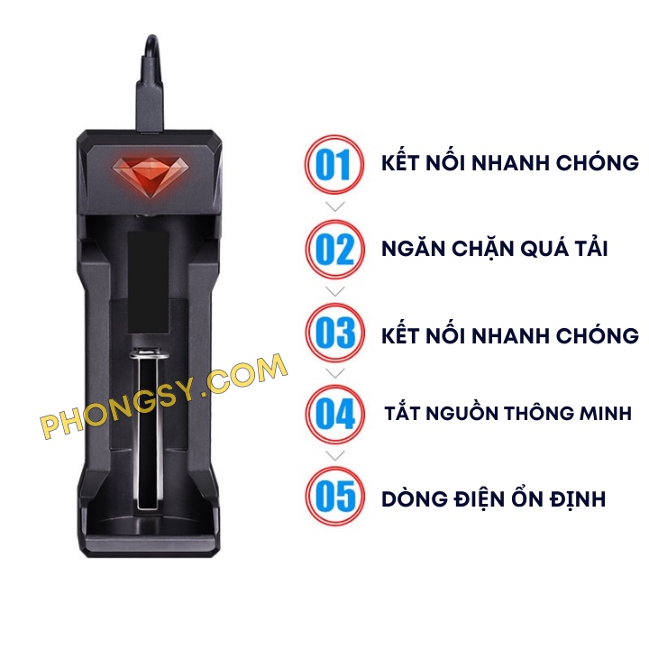 Bộ sạc pin thông minh tự ngắt 1 khe cắm USB cho Li-ion 18650 chính hãng Doublepow