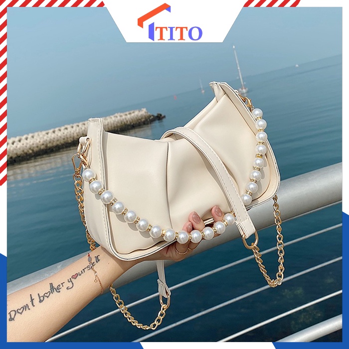 Túi Xách Nữ Đeo Chéo Kẹp Nách Da Xếp Kèm Chuỗi Ngọc Siêu Sang Và Đẹp - Tito Shop