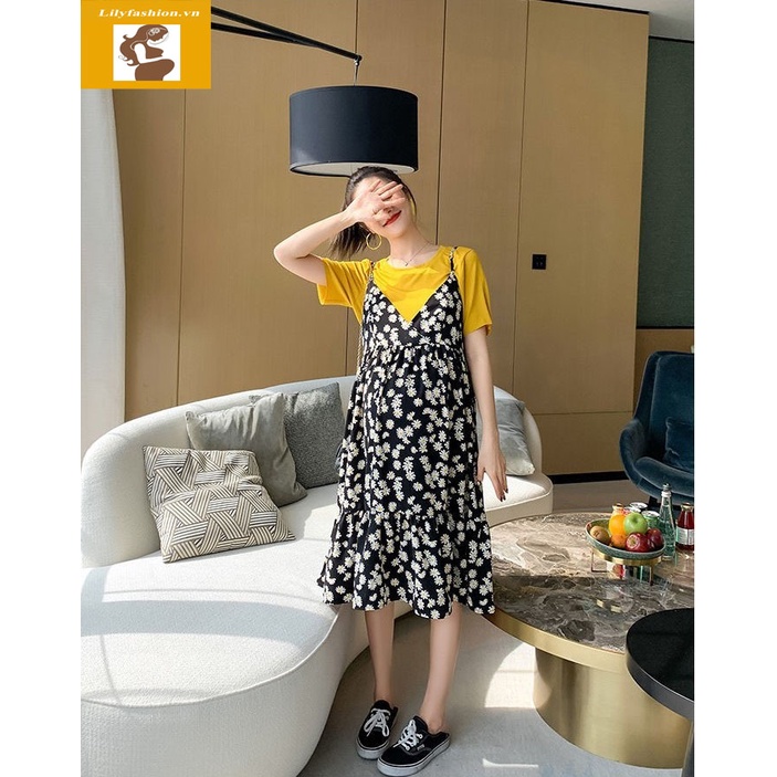 Set Váy đầm bầu hoa kèm áo phông thiết kế công sở, dự tiệc cho mẹ bầu phong cách hàn quốc sang trọng lịch sự mới mùa hè