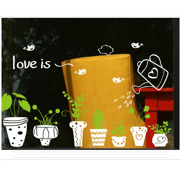 Decal trang trí tường - Nhiều Chậu Trắng nổi bật cùng lá