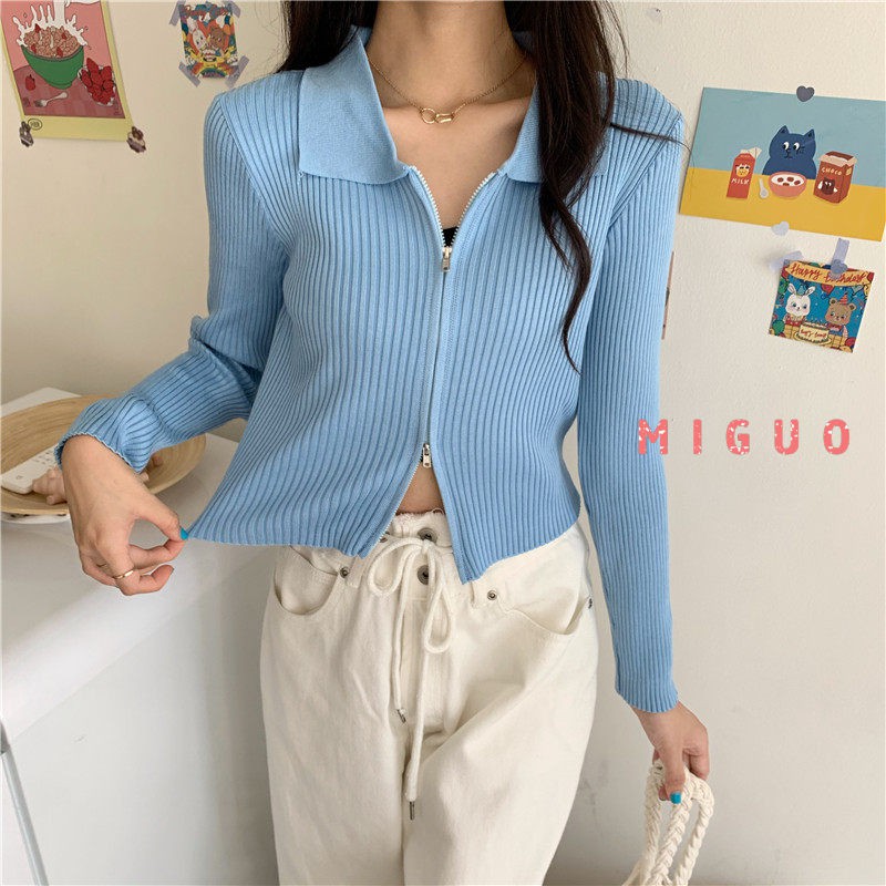 Áo croptop dệt kim dài tay cổ bẻ phối khóa kéo phong cách Hàn Quốc