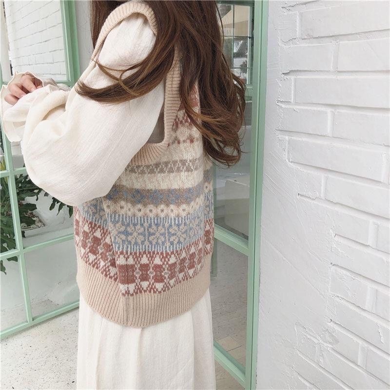 Áo len gile nữ họa tiết vintage siêu ấm áp