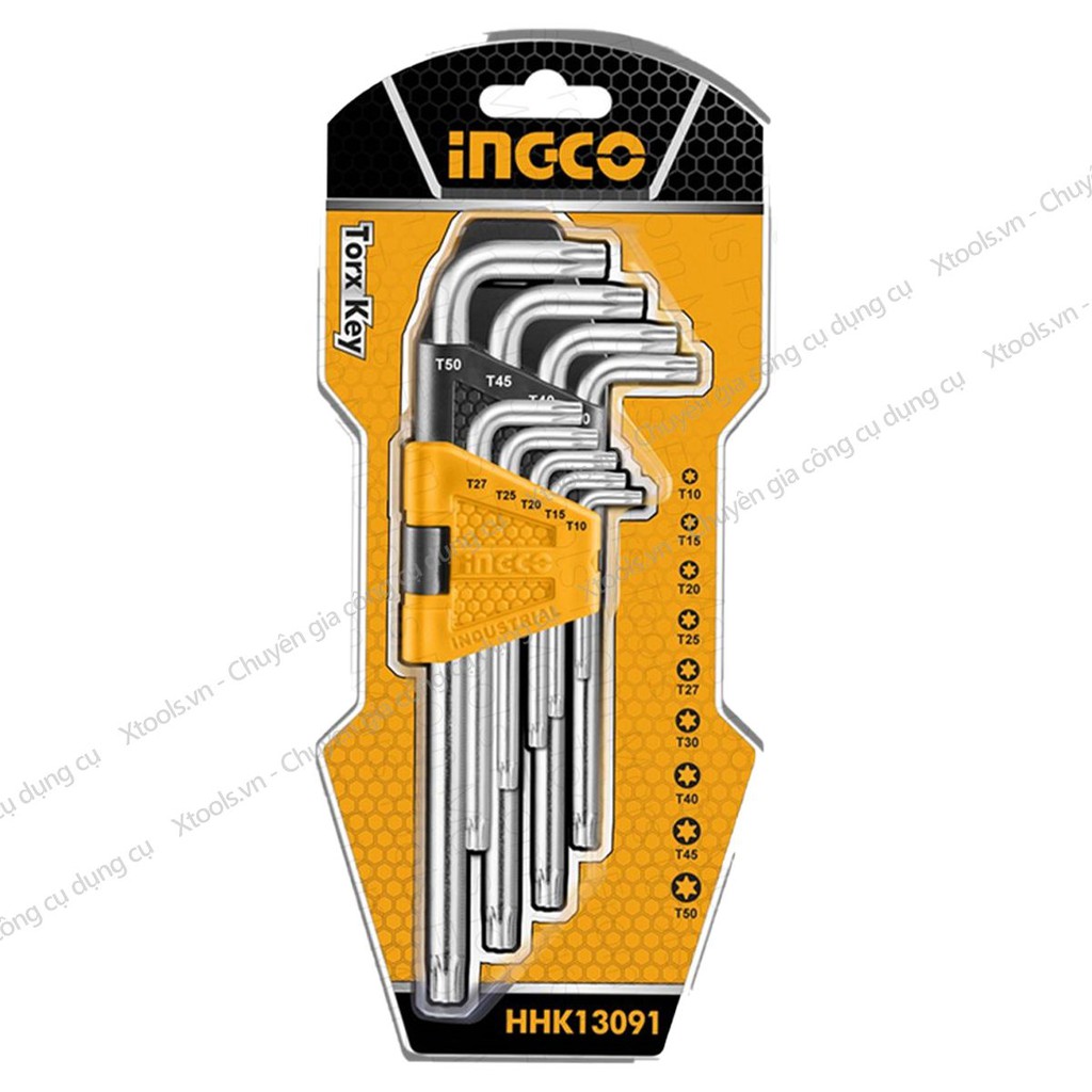 Bộ lục giác bông đa năng 9 chi tiết INGCO HHK13091 size T10-T50 lục giác hoa thị chống rỉ mở ốc vít xe máy ô tô máy móc