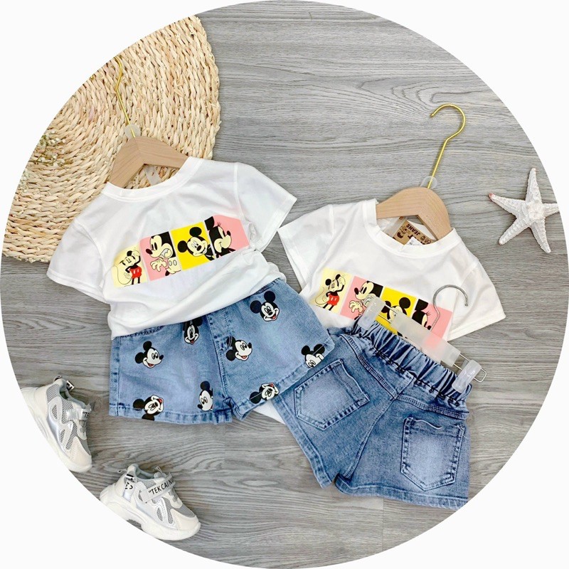 SET BÉ GÁI ÁO PHÔNG TRẮNG MICKEY MIX QUẦN BÒ