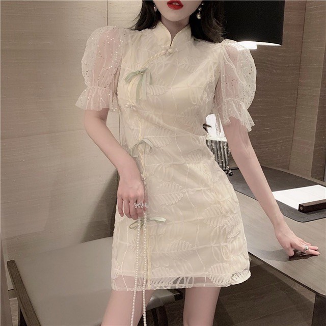 JH J0005 Sườn xám ngắn voan kết cườm nơ tông Pastel màu nude be cực xinh MẪU MỚI QUẢNG CHÂU CHẤT ĐẸP