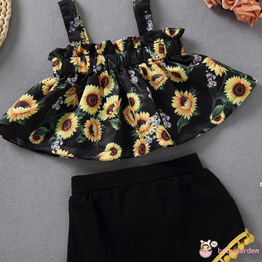 Set Đồ Mùa Hè 2 Món Gồm Áo Hai Dây In Hoa Hướng Dương + Chân Váy Yếm Đính Nơ Cho Bé Gái 0-12 Tháng Tuổi
