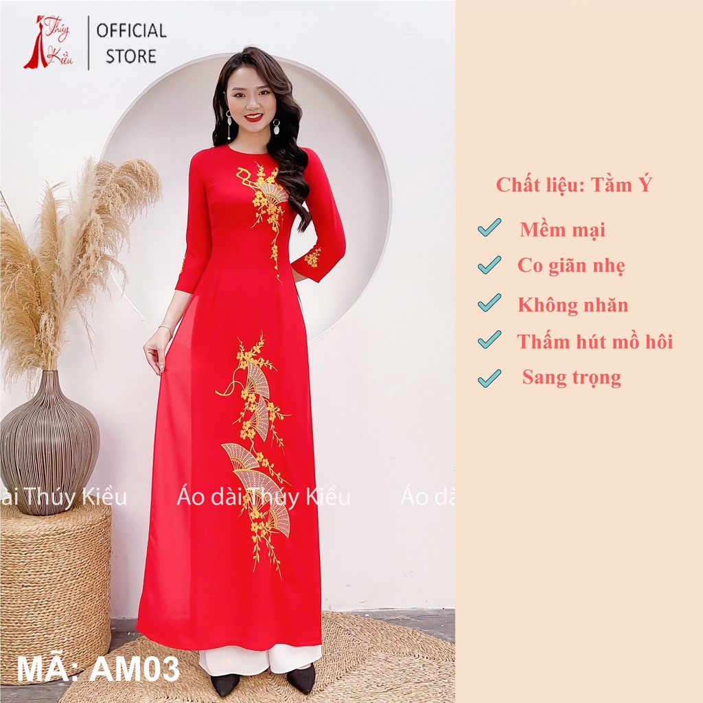 Áo dài may sẵn thiết kế nữ thêu trung niên đẹp cách tân tết màu đỏ AM03 Thúy Kiều mềm mại, co giãn