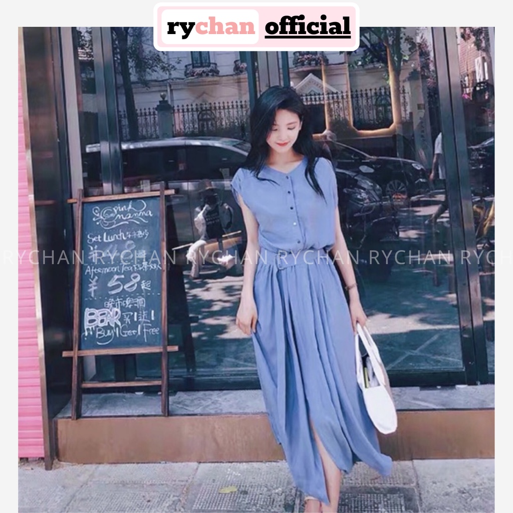 Đầm Nữ Dự Tiệc Form Dài Cổ V Tay Con Nút Trước Kèm Belt Màu Xanh Đen [ẢNH THẬT CUỐI] - DX9918
