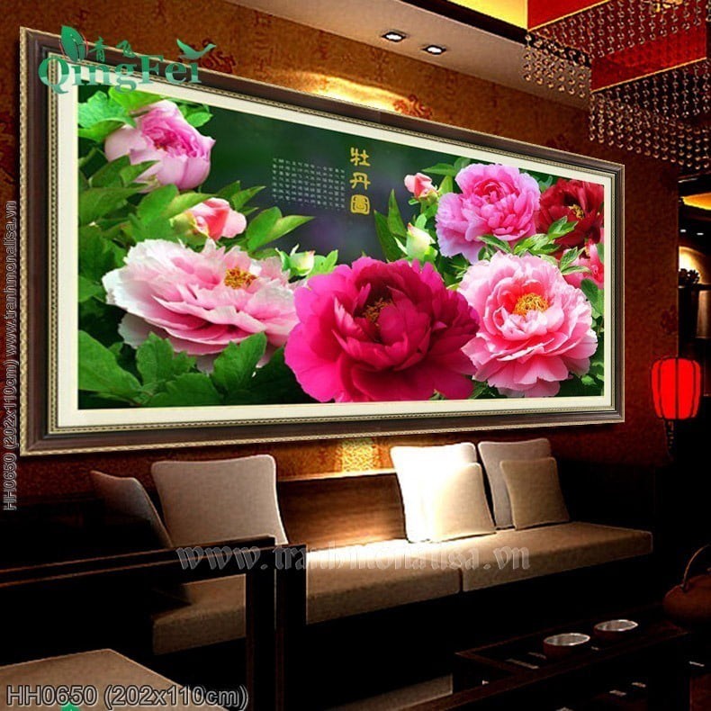 Tranh thêu kín Mẫu Đơn họa đồ (HH0650) 💥 kích thước 202*110 cm 📌