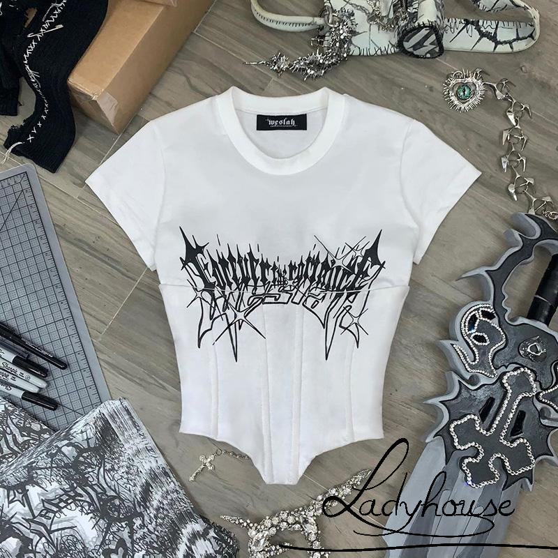 Ldd-áo Thun Tay Ngắn Cổ Tròn In Họa Tiết Cột Dây Mùa Hè Màu Trắng S/M/L Cho Nữ