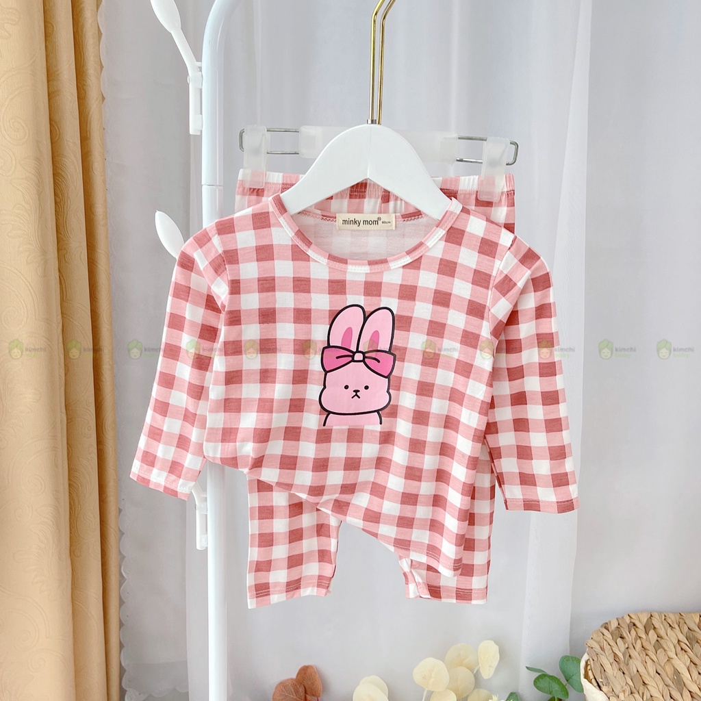 Bộ Dài Tay Cho Bé Trai, Bé Gái Vải Thun Lạnh Minky Mom Hoạ Tiết Kẻ Sọc In Gấu, Đồ Bộ Mặc Nhà Cho Bé MKMTD2235