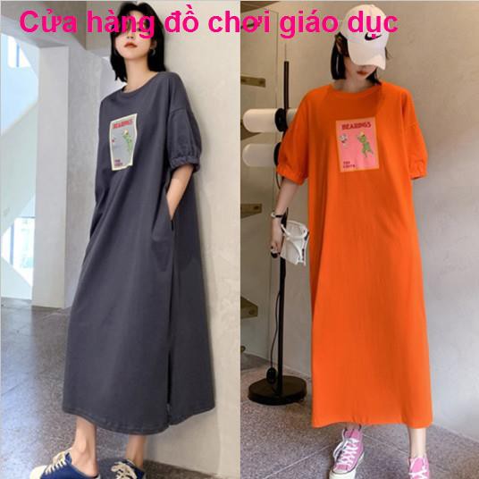 Thời trang quần áo mùa hè cho bà bầu cộng với có size Phiên bản Hàn Quốc cotton ngắn tay dài qua gối phông