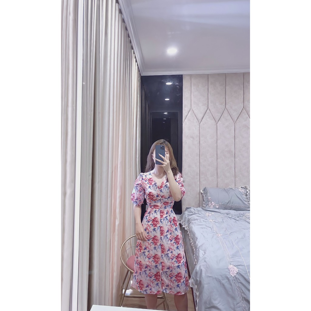 VÁY TƠ HOA HỒNG CỔ V LI EO CÚC NGỌC | BigBuy360 - bigbuy360.vn