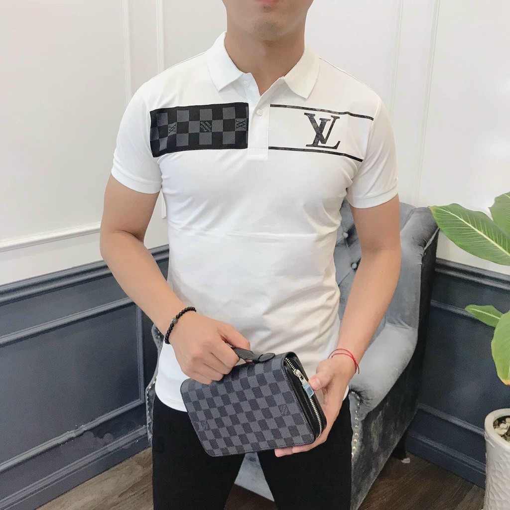 Áo thun nam cổ trụ tay ngắn phối ngực họa tiết ngang LV caro áo chất cotton thoáng mát thời trang hè hot trend