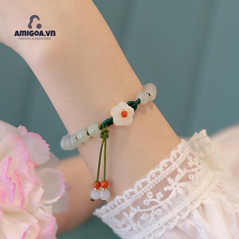 ✨✨Vòng Tay Dây Bện Xỏ Hạt Đá Ngọc Bích Hoa Đào Nhỏ Chuyển Đổi Dâu Tây Phong Cách Dân Tộc Dành Cho Bạn Nữ