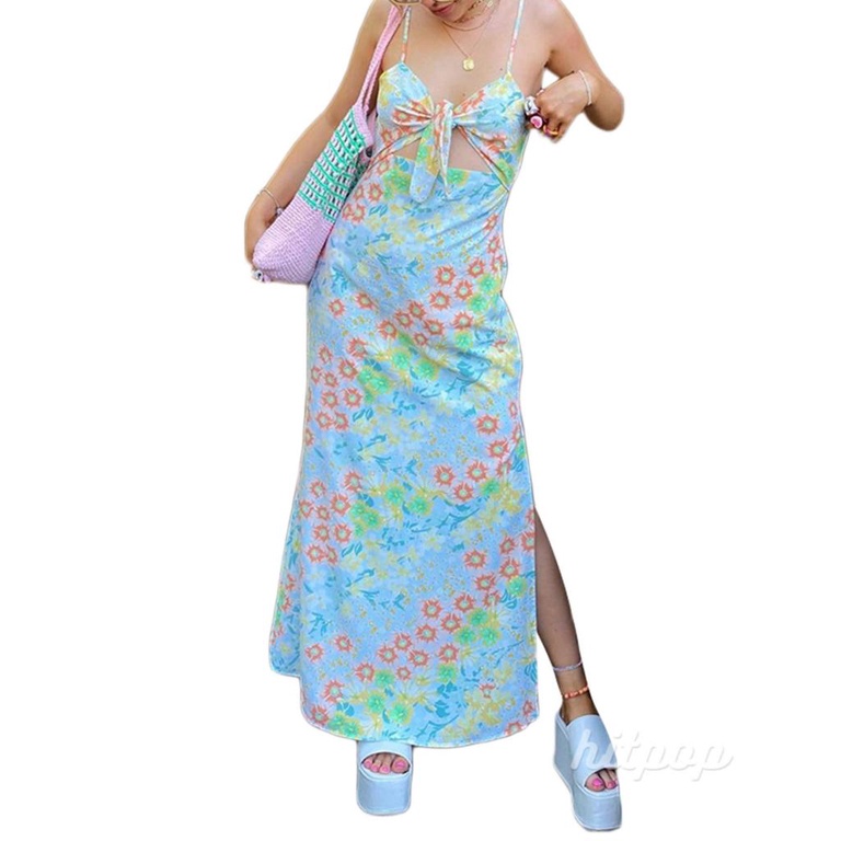 Hitpop-Women Sexy Slit Dress, Blue Floral Printed Pattern Deep V-neck Sleeveless One-piece, S/ M/ L/ XL