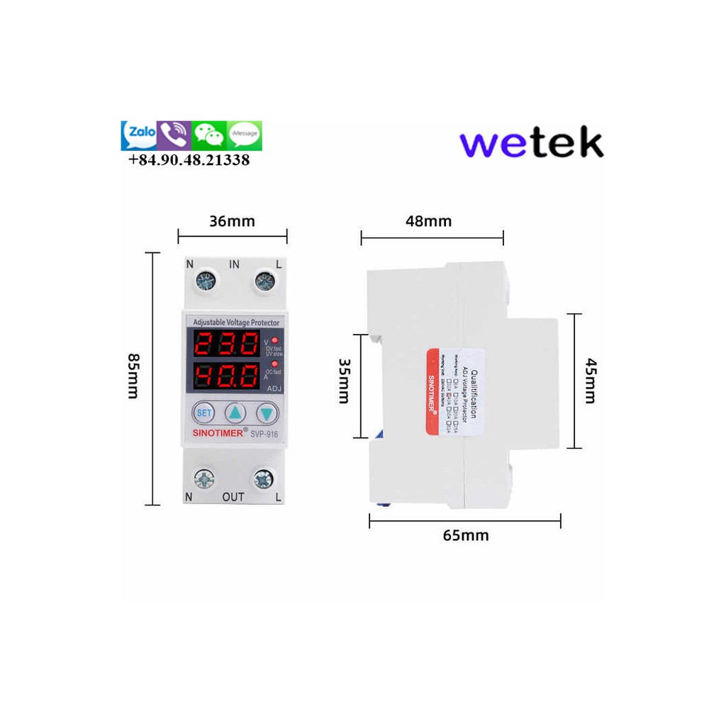 Relay  bảo vệ điện áp 220V, 63A, , cao áp, thấp áp, mất trung tính,quá dòng, Sinotimer SVP-916-63A, LED hiện dòng