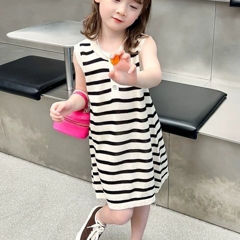 Bộ Áo Thun Cổ Bẻ + Chân Váy Cotton Họa Tiết Kẻ Sọc Phong Cách Hàn Quốc Thời Trang Mùa Hè Xinh Xắn Cho Bé Gái