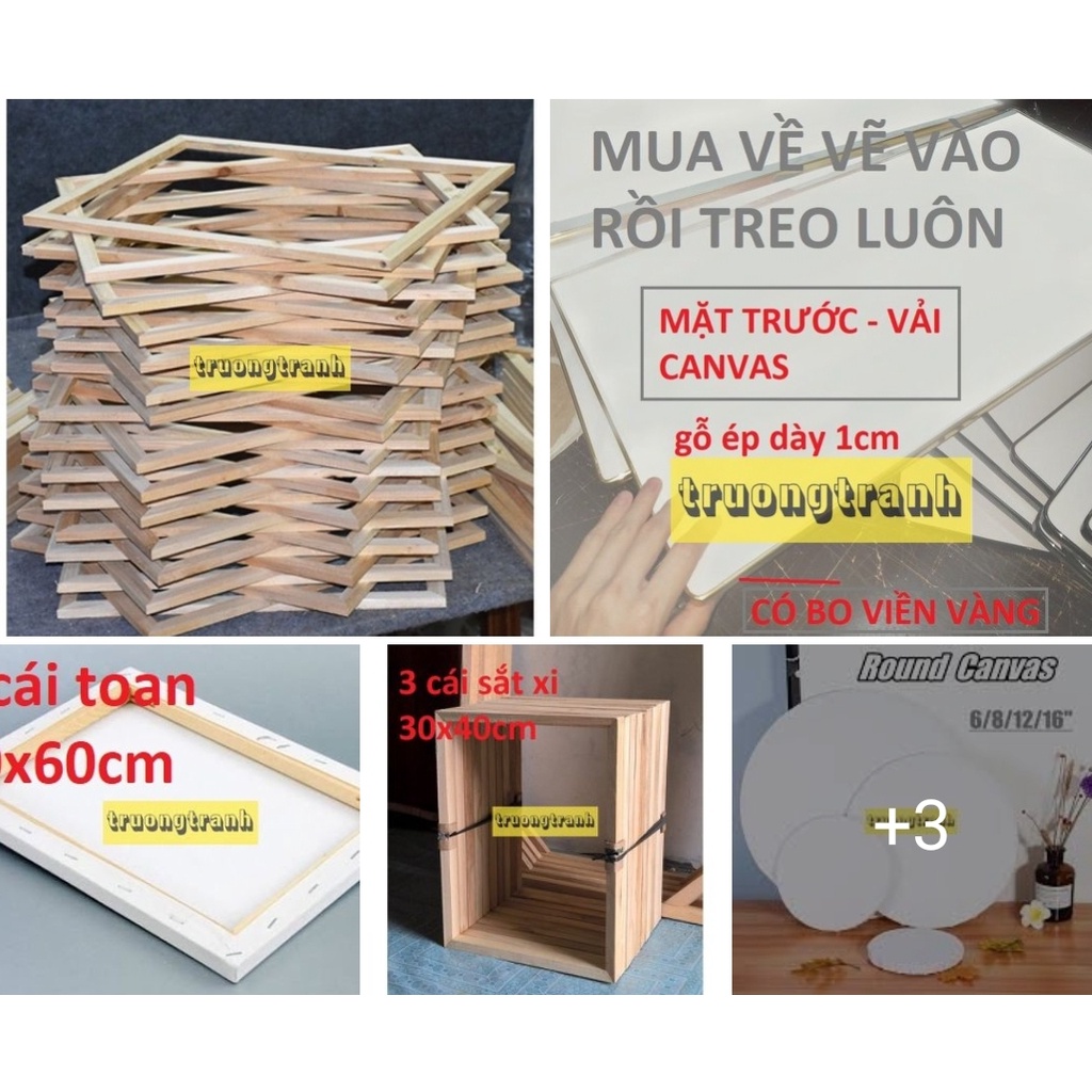 Sắt xi, khung gỗ, toan vẽ tranh hình chữ nhật, hình tròn để vẽ tranh sơn dầu, sơn acrylic, vải canvas, gỗ ép