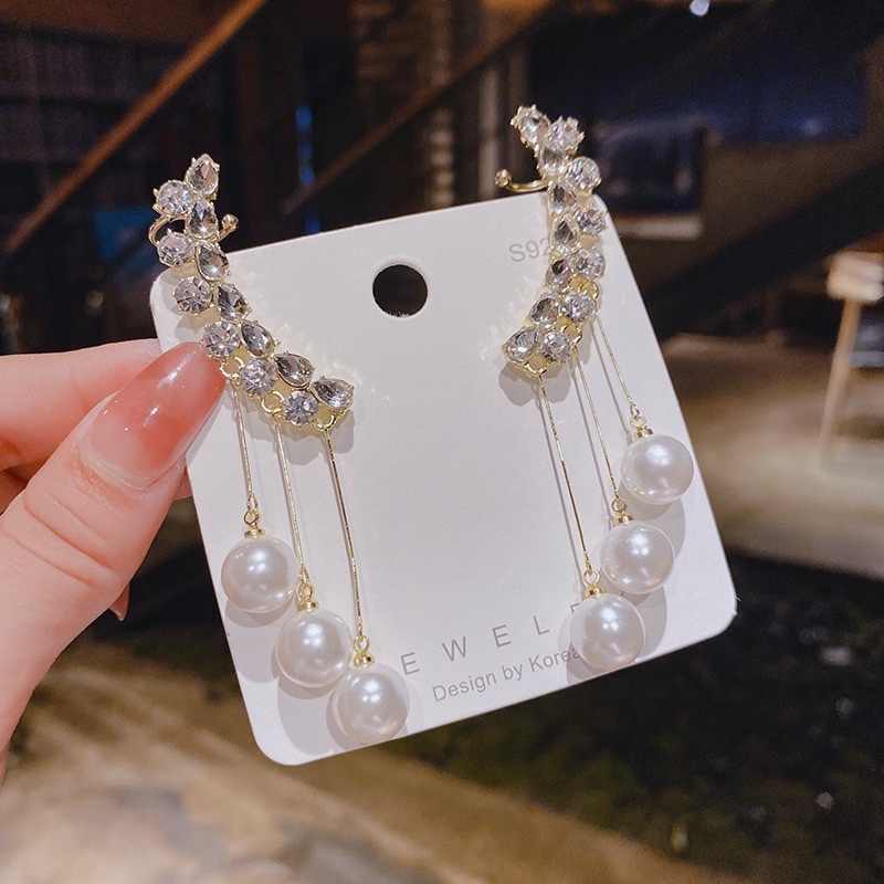 bông tai kẹp vành tua rua đính hạt bẹt, khuyên tai kẹp đính đá và châu sang chảnh