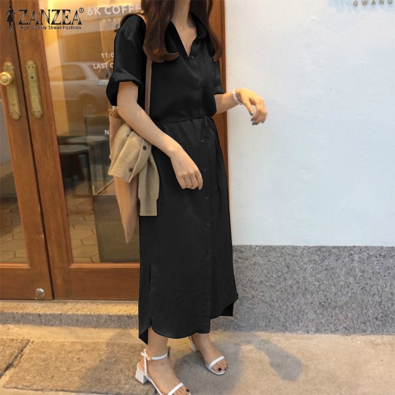 Đầm dài ZANZEA xẻ tà cổ bẻ gài nút tay lỡ thời trang cho nữ