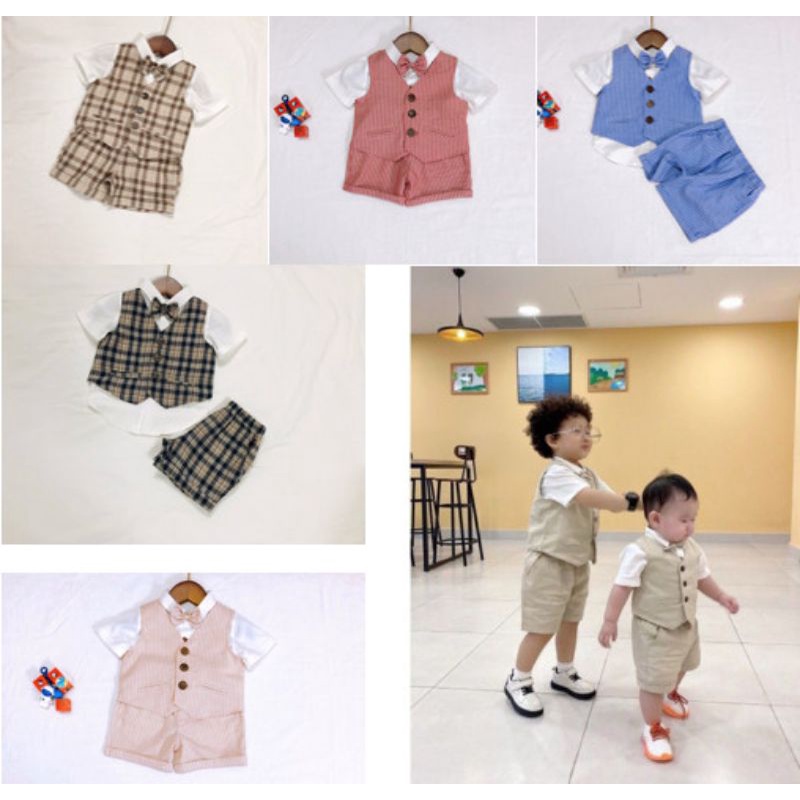 Bộ vest gile cho bé trai họa tiết sọc caro set công tử 5-26kg