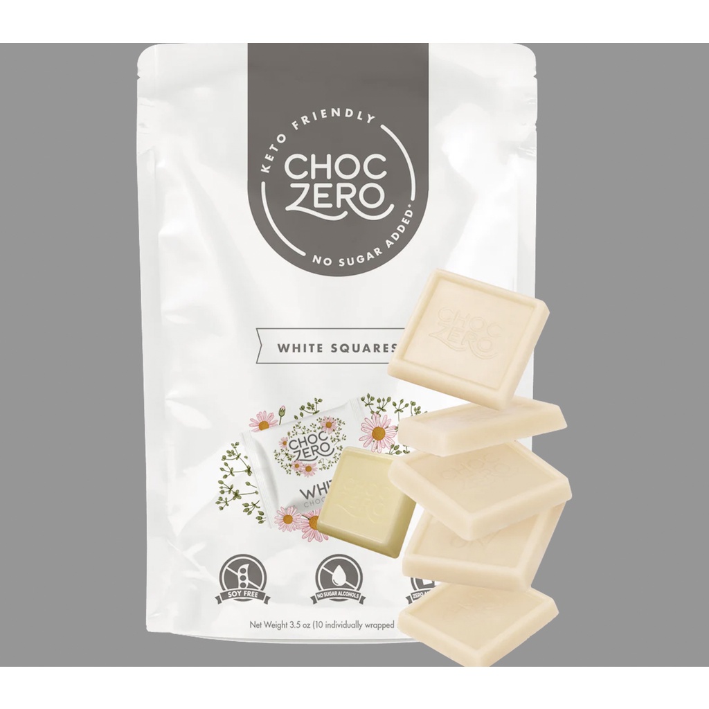 TÚI SOCOLA TRẮNG VUÔNG Choczero WHITE CHOCOLATE SQUARES, KHÔNG ĐƯỜNG, ĂN KIÊNG Keto, Non GMO, Gluten Free, 100g (3.5oz)