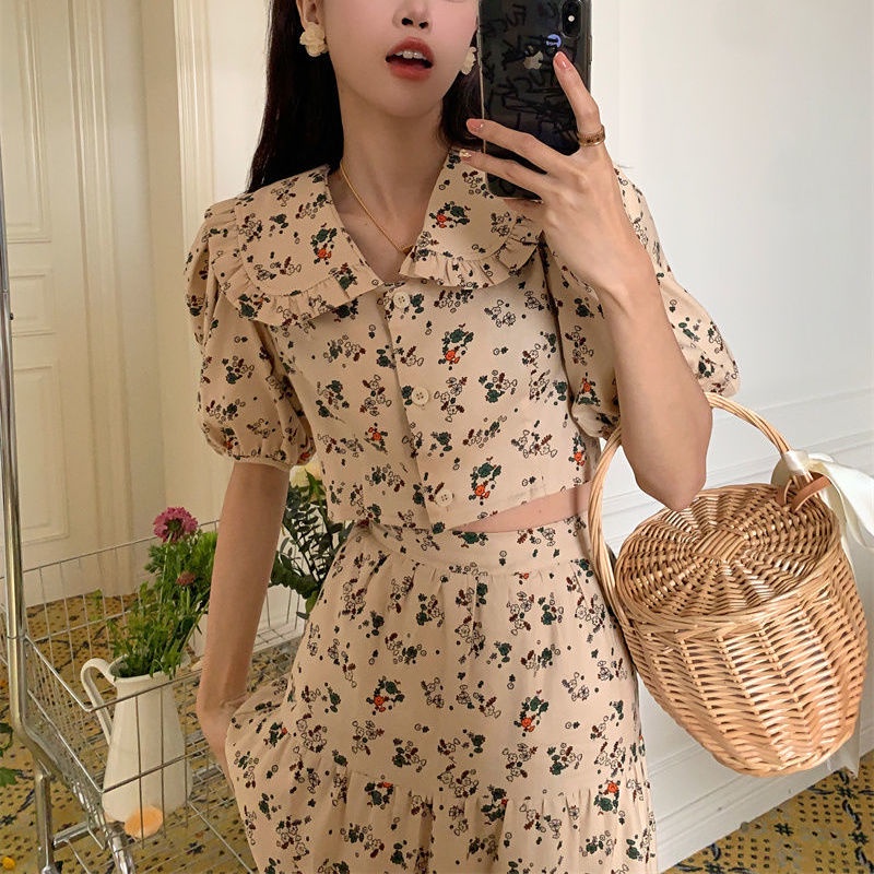 Set áo tay bong bóng kèm chân váy dáng chữ A thời trang phong cách Hàn Quốc xinh xắn