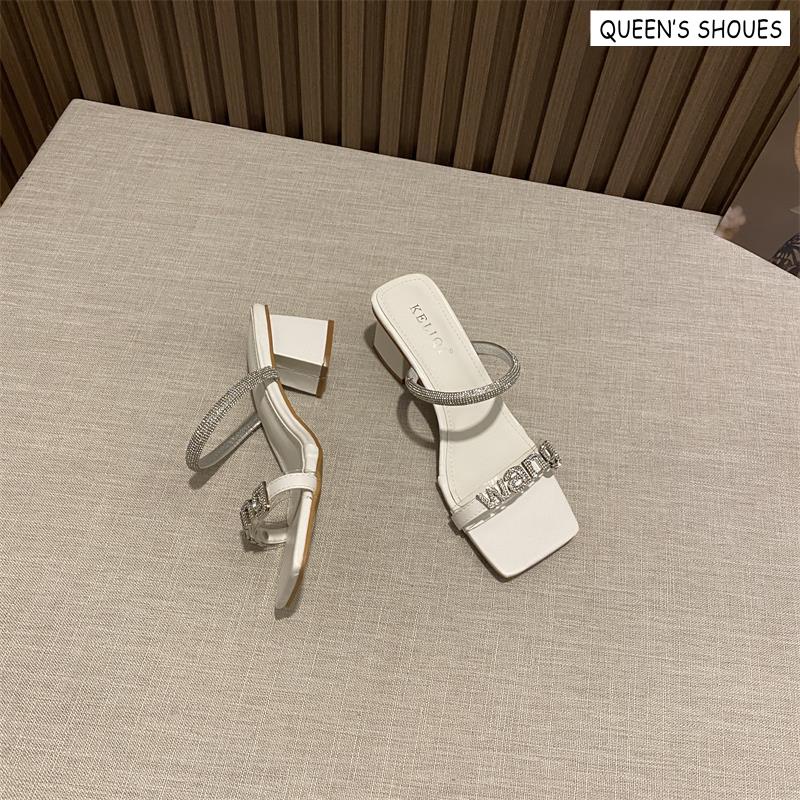 Giày Sandal Gót Dày Quai Đính Đá Chữ Thời Trang Nữ Sành Điệu