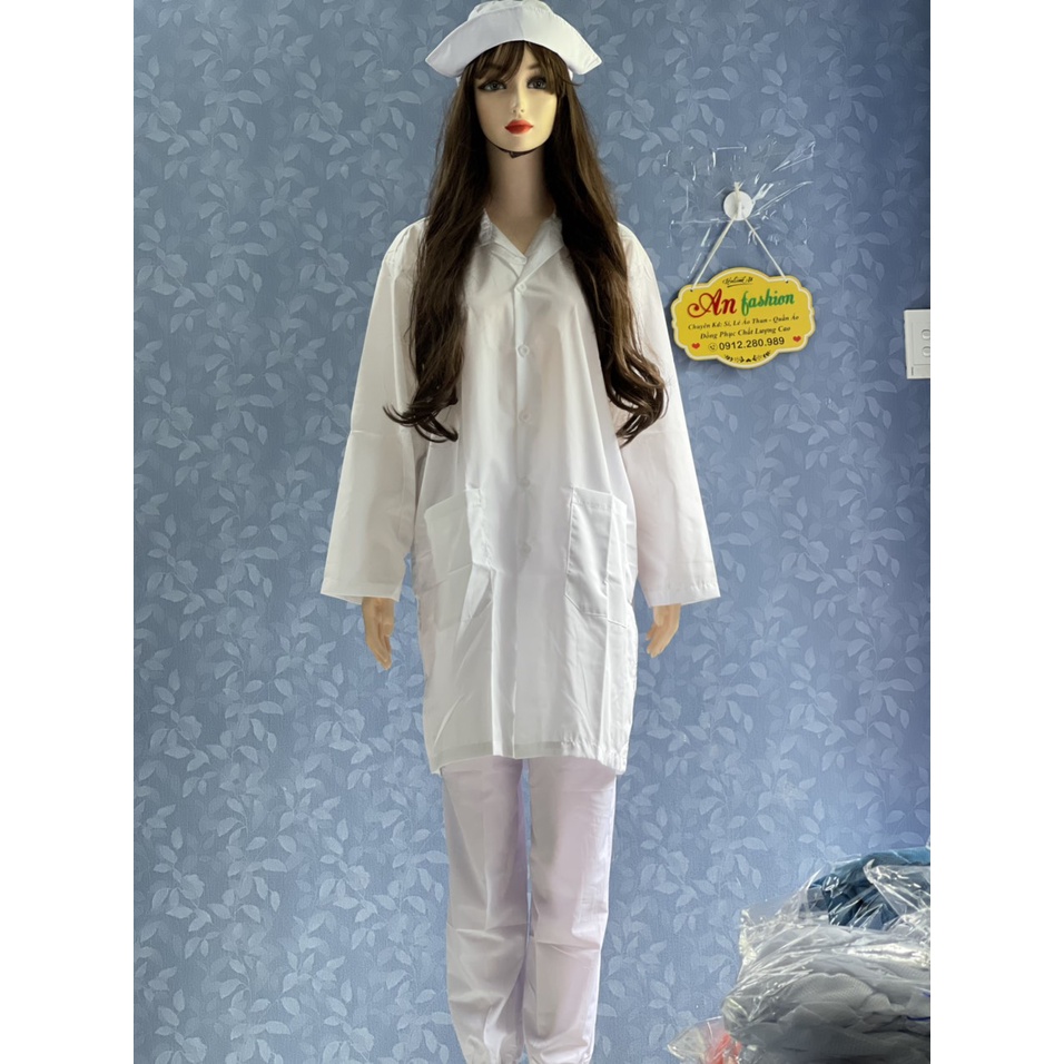 Combo cả bộ Áo Quần Mũ Blouse Trắng Điều Dưỡng, Áo Bác Sĩ, Dược Sĩ vải kate Ý tốt _ Hình chụp thật