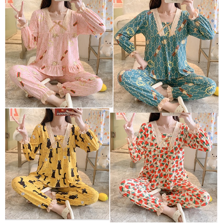 Đồ Bộ Nữ Pijama Tay Dài Mặc Nhà Kiểu Đẹp Dễ Thương Thu Đông, Bộ Đồ Áo Dài, Quần Dài, Ren Cổ Áo Hàng Quảng Châu- MS560 -